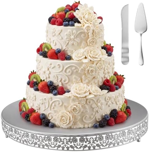 Wenqik 20 Inch Silver Cake Stand Set Metal Round Cupcake Dessert Stand with Cake Cutting, Flower Spatula Wedding Cupcake Pastry Display Candy Holder Display for Wedding Party Birthday Baby Shower by Wenqik