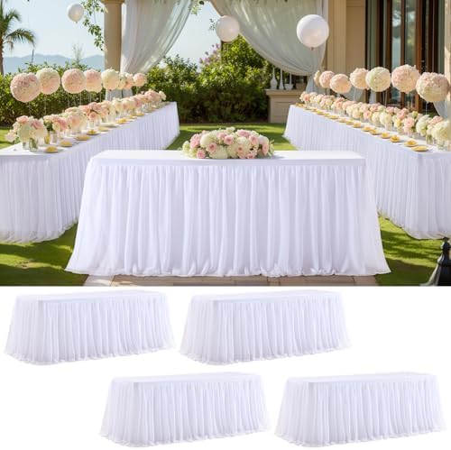4 Pack White Tablecloth for 6 Foot Rectangle Tables with Tulle Table Skirt by PartyTalk