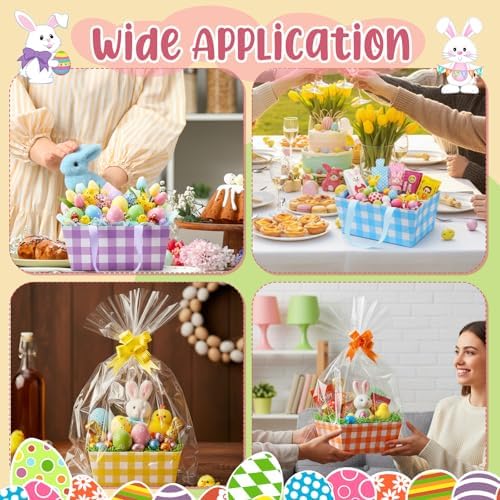 Funnymoom 24 Pcs Basket for Gifts Empty Pastel Plaid Gift Basket Empty to Fill with Handle, Transparent Bag and Bow for Summer Wedding Birthday Tea Party Favor Supply, 9.8x6.5'' - Image 5