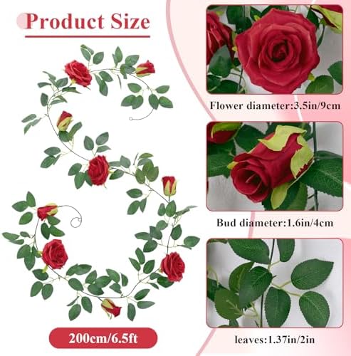 U'Artlines 5 Pack Artificial Red Rose Garlands Flower Vines 32.5 ft - Image 2