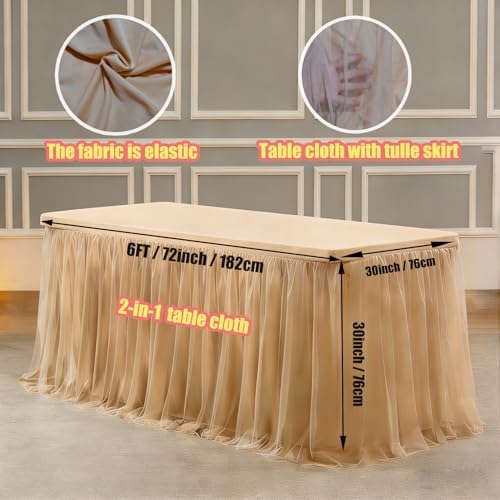 1-Pack Champagne 2-in-1 Tulle Tablecloth for 6-Foot Rectangular Table - Image 2