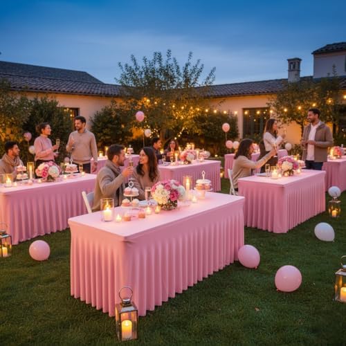 4 Pack Pink Spandex Table Covers 6ft Rectangle Ruffle Skirts for Party - Image 4