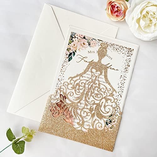 5.12 x7.28 inch 50PCS Gold Glitter Quinceanera Invitations Kit Laser Cut Hollow Girl Princess Pocket with Envelopes Invitations for Quinceanera Bridal Shower Invite - Image 3
