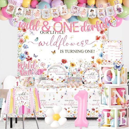 Wildflower First Birthday Decorations,295pcs wild One Birthday Decorations Girl Floral Plates and Napkins Cups Tablecloth Banner Backdrop for Our Little Wildflower Is Turning One Party - Image 4