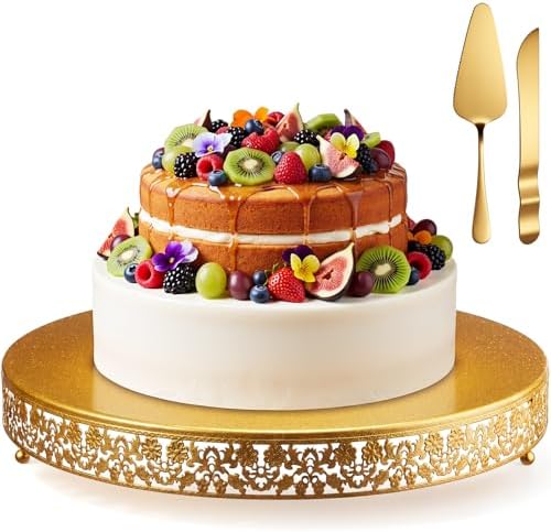 Wenqik 20 Inch Gold Cake Stand Set Metal Round Cupcake Dessert Stand with Cake Cutting, Flower Spatula Wedding Cupcake Pastry Display Candy Holder Display for Wedding Party Birthday Baby Shower by Wenqik