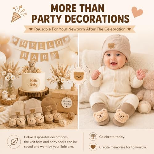 3 Set Baby Shower Table Decorations Bear Theme Socks Bulk with Dried Flower and Knit Hat for Photo Props Gender Reveal Table Centerpieces Baby Party Supplies Neutral Party Decor - Image 6