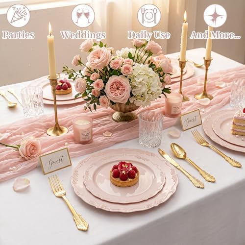 DaYammi 150Pcs Pink Plastic Plates & Gold Plastic Silverware Set for Party - Image 4