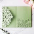 Hosmsua 50PCS Sage Green Wedding Invitation Pocket with Envelopes, 5.12 x 7.2 Trifold Laser Cut Lace Flora Invitations for Quinceanera Sweet 16 Quince Invitation (No Inner Sheet) by Hosmsua