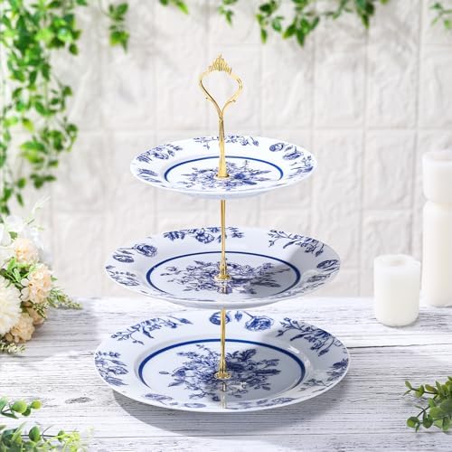 Lallisa Blue Floral 3 Tier Dessert Stand 10", 9" and 7" Ceramic Vintage Chinoiserie Tea Party Tiered Tray Cake Stand Display Holder Tower for Something Blue Before I Do Bridal Shower Decorations by Lallisa