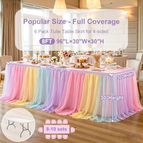 6 Pack Rainbow Tablecloth for 8 Foot Rectangle Tables Tulle Table Skirt - Image 4