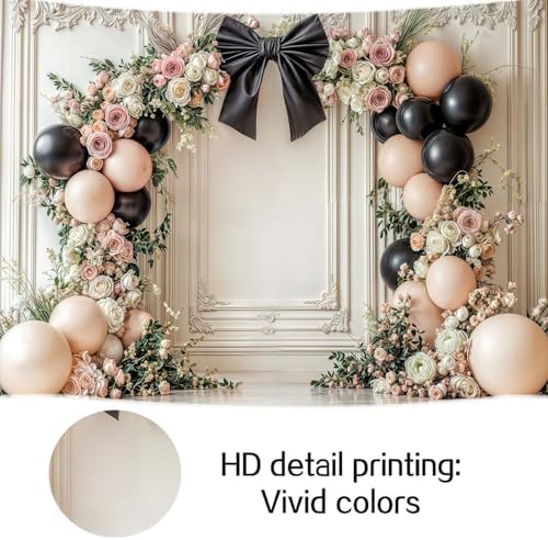 9x6ft Bow Wedding Photography Backdrop Black Bow Floral Balloons Backdrops White Vintage Wall Background Coquette Banner for Girls Birthday Party Decorations - Image 6