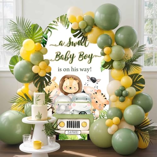 7.2ft Safari Baby Shower Arch Backdrop Cover,Jungle Cartoon Animals Palm Leaves A Sweet Baby Boy is On His Way Arch Covers Backdrop for Boys Baby Shower Party Banquet Decorations - Image 3