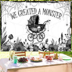 Mocsicka We Created A Monster Backdrop Banner Gothic Skull Spider Web Bat Halloween Monster Baby Shower Party Decorations Photo Booth Props (8x6ft) - Image 5