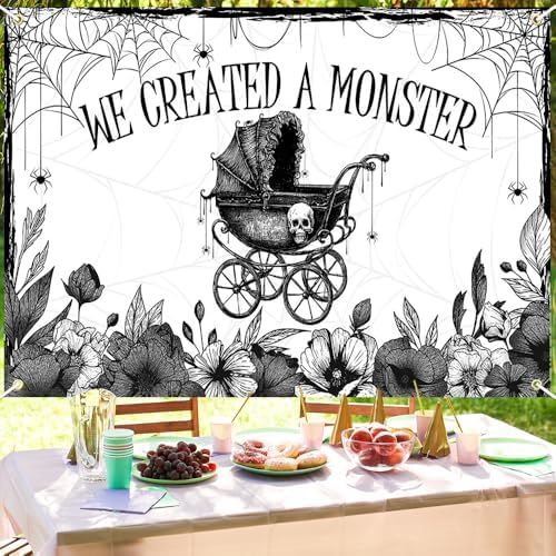 Mocsicka We Created A Monster Backdrop Banner Gothic Skull Spider Web Bat Halloween Monster Baby Shower Party Decorations Photo Booth Props (8x6ft) - Image 5