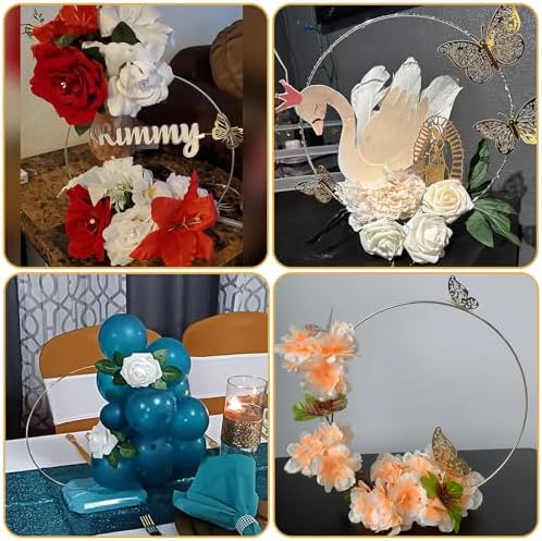 YALLOVE 10 PCS 14 Inch Floral Hoop Table Centerpiece, Silver Metal Wreath Ring Stand with Crystal Clear Acrylic Base for Balloon and Flower Decoration, Flower NOT Included - Image 5
