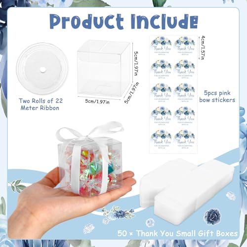 Diartpaint 50 Sets Navy Blue Flora Treat Boxes Favor Navy Blue Flora Gift Box 2x2x2 Inches Clear Box with Blue Flora Sticker Ribbon Flora Goodie Candy Box for Return Gift Birthday Wedding Baby Shower - Image 5