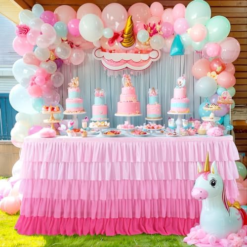 14ft Pink Tutu Tulle Table Skirt for Rectangle Round Tables Chiffon Table Cloth for 1st Birthday Party Decorations Baby Shower Girls Parties Cake Dessert Table Decorations Ruffle Table Skirting - Image 2