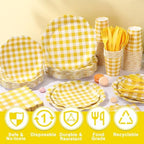 Funnymoom 400 Pcs Gingham Party Supplies for 50 Guests Yellow and White Paper Plates and Napkins Knives Spoon Fork Cup Disposable Checkered Dinner Party Set Cutlery for Baby Shower Wedding Favor - Image 4