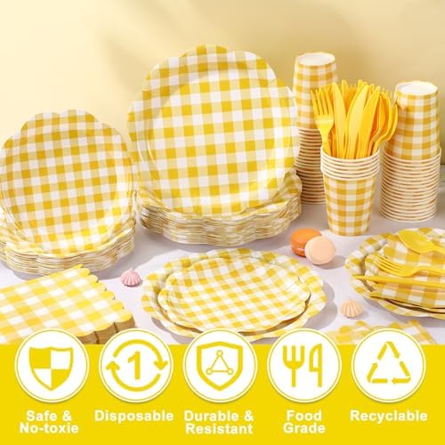 Funnymoom 400 Pcs Gingham Party Supplies for 50 Guests Yellow and White Paper Plates and Napkins Knives Spoon Fork Cup Disposable Checkered Dinner Party Set Cutlery for Baby Shower Wedding Favor - Image 4