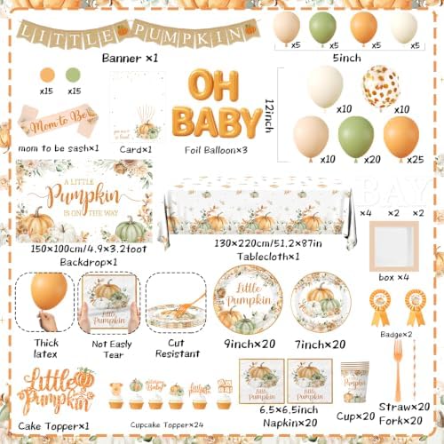 Little Pumpkin Baby Shower Decorations for Boy or Girl,295pcs Fall Baby Shower Plates and Napkins Cups Backdrop Tablecloth Topper Balloon for A Little Pumpkin Is On The Way Baby Shower Decorations - Image 6