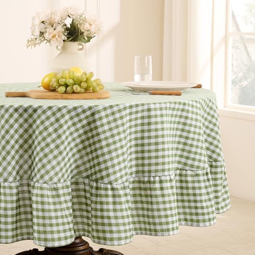 Romanstile Gingham Ruffled Round Tablecloth, 70 Inch, Sage Green by Romanstile