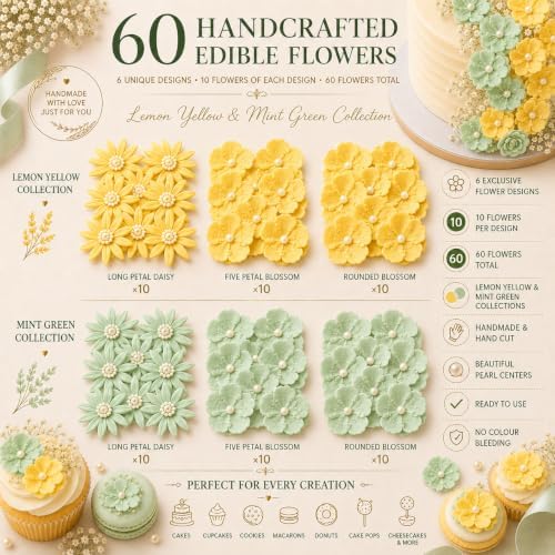 CONFECT Handmade Edible Gum Paste Flower Decorations – Spring Blossom – 60 Piece Assorted Sugar Flower Set with Pearl Centers, Hand Cut Cake Flowers for Cakes, Cupcakes, Cookies & Desserts - Image 2