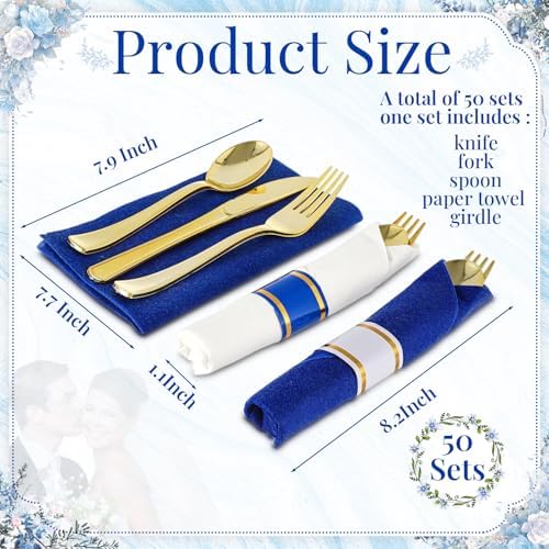 Lasnten 50 Pcs Pre-rolled Gold Cutlery Set with Napkins Navy Blue, White - Image 3
