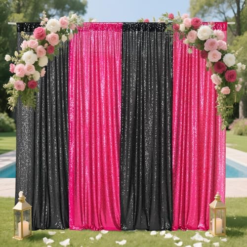Eternal Beauty Black & Hot Pink Sequin Backdrop Curtains, 4 Panels 2x8FT - Image 4