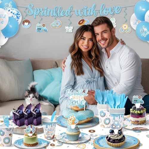 234 pcs Baby Boy Sprinkle Decorations (Serves 26 ), Blue Sprinkle Baby Shower Decorations, Included Plaates and Napkins Swirls, Balloons, Cake Topper, Blue Donut Baby Shower Decor - Image 3