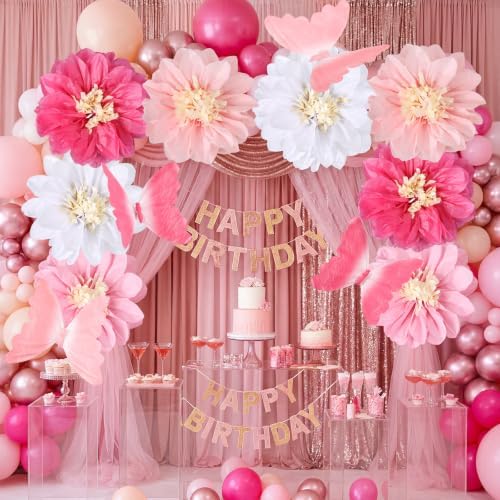 Havawish 16 Pcs Giant Pink Butterfly & Daisy Paper Flowers Hanging Set - Image 4