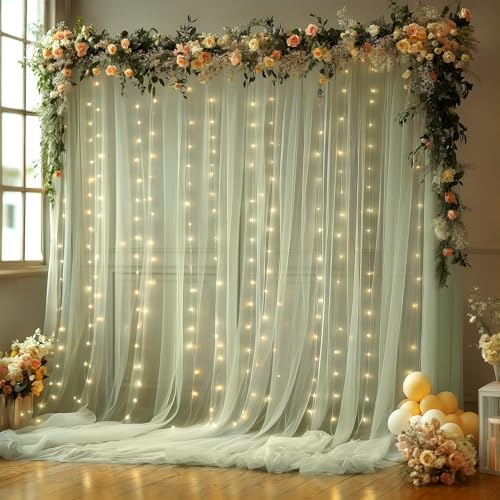 10x10FT Green Wrinkle Free Backdrop Curtains with Lights String for Parties - Photo Curtain Backdrop with Lights for Wedding Decorations, Bridal Baby Shower Birthday Party Photography Background by WishCare