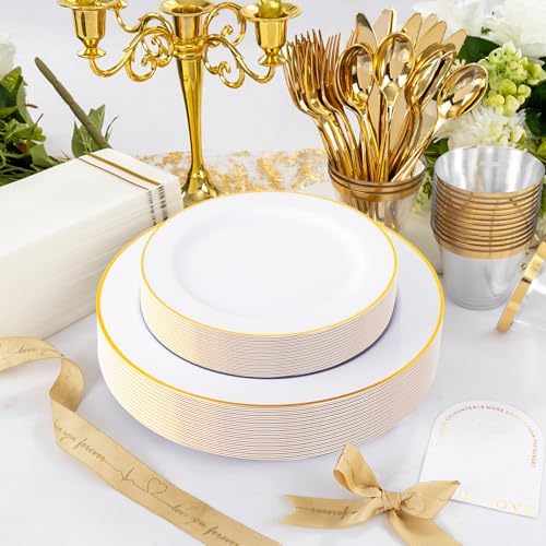 SUT 350 PCS Elegant White and Gold Disposable Dinnerware Set - Premium Dinner & Salad Plates, Cups, Napkins & Cutlery for 50 Guests - All-Inclusive Party Plastic Plates - Image 6