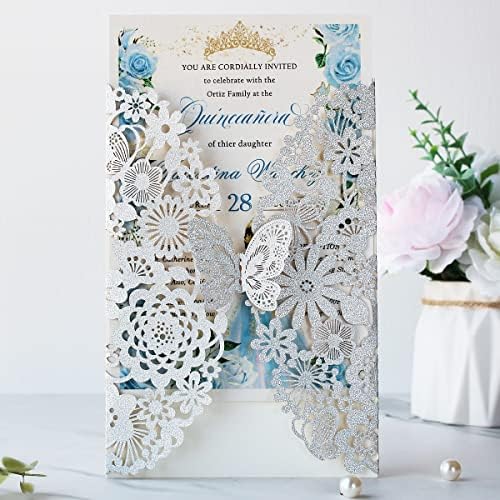 Hosmsua 5.12 x 7.3 50PCS Personalized Silver Laser Cut Butterfly Quinceanera Invitation Cards Hollow Lace Flora Butterfly Invitations for Quinceañera Wedding invitations (Silver Glitter) - Image 5