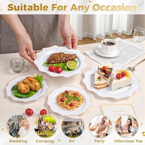 WDF 200PCS White and Gold Plastic Plates - Gold Plastic Plates - Include 100 Dinner & 100 Dessert Disposable Party Plate - Fancy Disposable Plate for Wedding/Baby Shower - Image 5