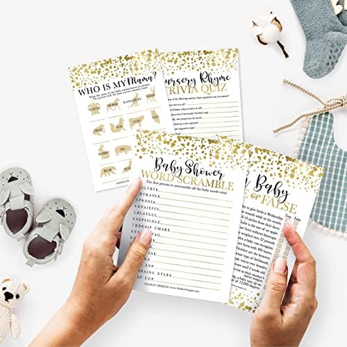 Hadley Designs 25 Gold Word Scramble For Baby Shower, 25 True Or False Game, 25 Baby Animal Matching, 25 Nursery Rhyme Game - 4 Double Sided Cards Baby Shower Ideas, Baby Shower Party Supplies - Image 2