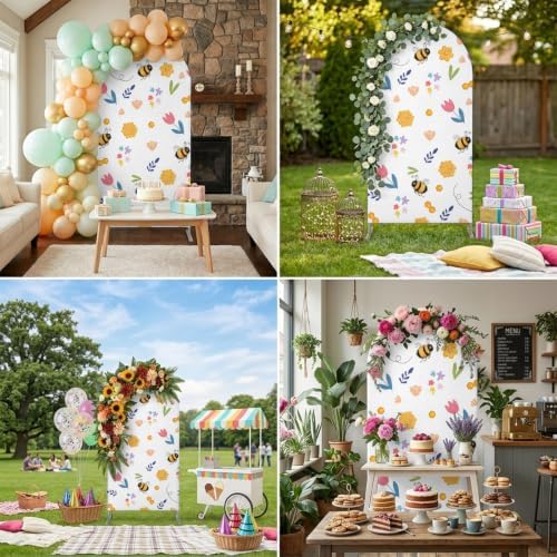 Arch Backdrop Cover for Wedding Spring Flowers Cute Bees 7.2FT Stretch Spandex Party Arch Cover, Fabric Backdrop Banner for Baby Shower, Birthday, Bridal Shower Decor Pink Tulips Honeycombs White - Image 5