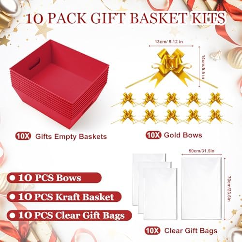 AFOROEOA 10PACK Baskets For Gifts Empty, 10 x 8”Thick Red Gift Basket with 10 Clear Gift Bags and 10 Pull Bows, Empty Gift Baskets for Christmas, Thanksgiving Wedding Birthday Party Wrapping Gift - Image 5