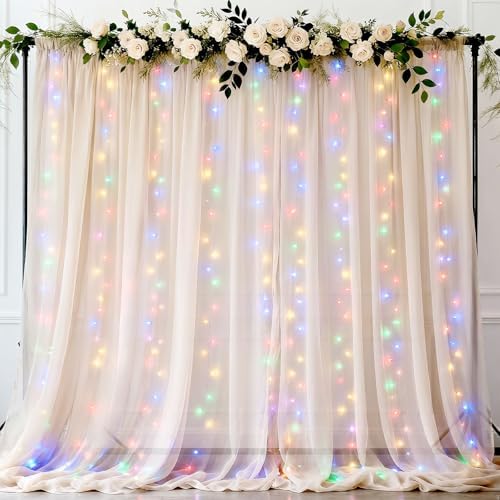 Ledido 10×8ft White Tulle Backdrop Curtains with Lights String - 300LED RGB Lights Sheer Curtain Backdrop for Wedding Baby Shower Photo Shoot Birthday Party Decoration(2 Panels 5×8ft)，White by Ledido