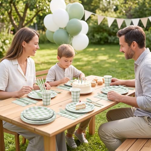400 Pcs Sage Green Gingham Paper Plates and Napkins Set for 50, 9" Dinner Plates & 7" Dessert Plate, Tableware for Garden Birthday Party - Image 2