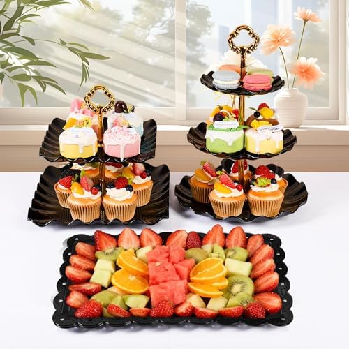 12-Pack Dessert Table Display Set, 6 Cupcake Stands and 6 Dessert Trays, Plastic Dessert Display Stands and Cake Stand, Treat Table Displays Set for Wedding, Baby Shower, Tea Party (Black) - Image 3