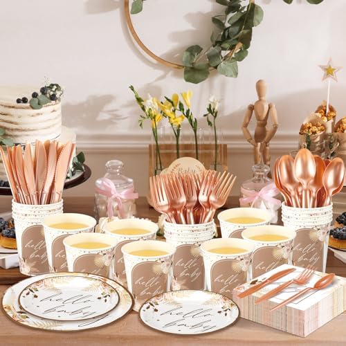 Dandat 350 Pcs Baby Shower Set, Boho Pampas Grass, Brown - Image 2
