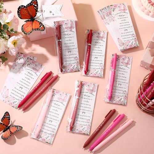 Engrowtic 50 Set Baby Shower Gifts Pens for Guests Bulk Baby Shower Party Favors Retractable Ballpoint Pens with Thank You Cards Gender Reveal Souvenirs Prizes Supplies Return Gifts (Pink Butterfly) - Image 5