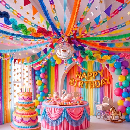 TaoBary Rainbow Party Decorations, 6 Roll Crepe Streamers 600 Paper Chain Garland Strips 4 Star Hanging 2 Felt Pennant Flag 2 Paper Fans Garland 6 Four Leaf Clover Streamers for Birthday Party - Image 2