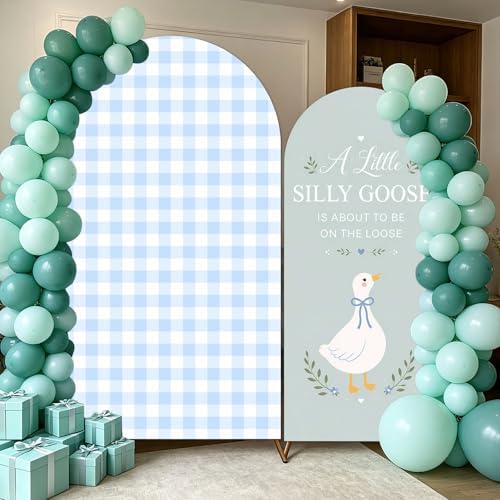 2PCS Silly Goose Baby Shower Arch Backdrop Cover Green Blue 6ft 7.2ft Stretchy Spandex Fitted A Silly Goose is About to Be on the Loose Backdrop for Silly Goose Baby Shower Decorations Party Supplies - Image 5