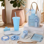 62Pcs Baby Shower Prizes for Guest Winners Handheld Fan Party Favor Set Thank You Gift with Plastic Tumbler,Notebooks,Hair Claw Gift Bags for Party Game Wedding Bridal Shower Favors (Blue, 6 Sets) - Image 4