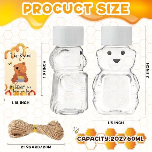 Funnymoom 96 Sets 2 oz Plastic Honey Bear Bottle Bear Shape Clear Empty Honey Jar 96 Tags 2 Rolls Jute Rope Honey Containers Empty Honey Dispenser for Baby Shower Party Favors Gifts (White Lid) - Image 2