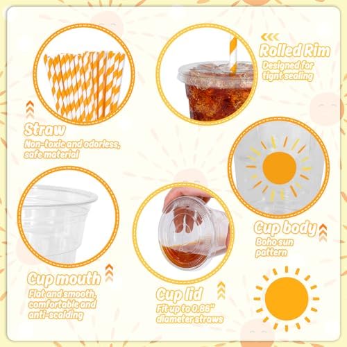 Whaline 50Pcs Boho Sun Disposable Plastic Cups with Lids and Straws 12 Oz Sunshine Cold Beverage Drinking Cups for Birthday Baby Shower Party Supplies - Image 3