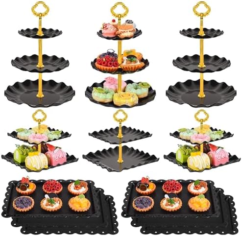 12-Pack Dessert Table Display Set, 6 Cupcake Stands and 6 Dessert Trays, Plastic Dessert Display Stands and Cake Stand, Treat Table Displays Set for Wedding, Baby Shower, Tea Party (Black) by Unknown
