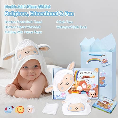 MyMateZoe My First Noahs Ark 7 pcs Baptism Gift Set, Dedication, Christening and Baptism Gifts for Boys and Newborn Baby, Includes Washcloth and Hooded Towel, Baby Bath Book, 3 Bath Toys and Gift Bag - Image 3