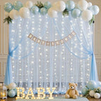 10ft x 10ft Baby Blue Tulle Photo Backdrop Curtain with Lights String for Parties Wedding Sheer Blue Curtain Backdrop for Birthday Party Baby Shower Boy Photo Booth Photography Background Decorations - Image 2